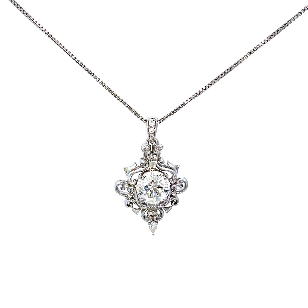 2ct Moissanite Swirl Crest Pendant Necklace Sterling Silver Vintage Statement